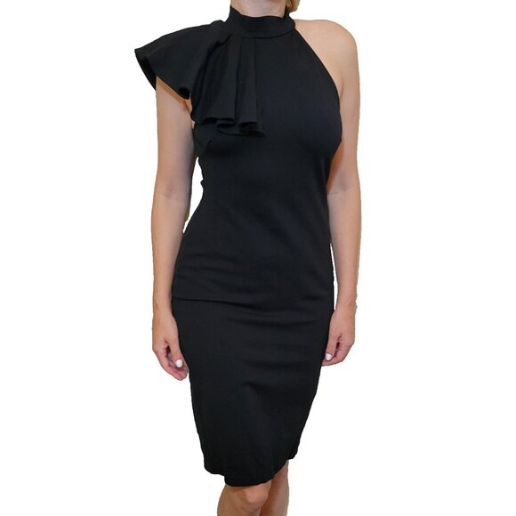 Black Dress Juniors Medium Knee Length One Sleeve Pencil Straight Ruffle Midi - Picture 1 of 5